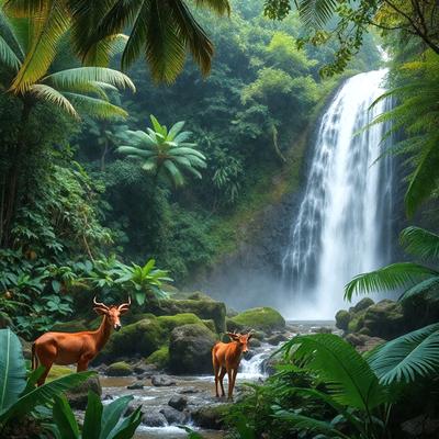 The primary subject of the image is a pair of deer standing in a forest near a waterfall. The setting is a lush, green forest with a waterfall in the background. The visual style is a photo, capturing the natural beauty of the scene. The colors and mood are vibrant and serene, with the deer and the forest creating a sense of tranquility and harmony with nature.